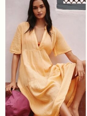 Anthropologie Light Mango Gauze V-Neck Midi Dress